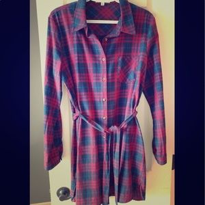Navy and red flannel dress w\ waist tie